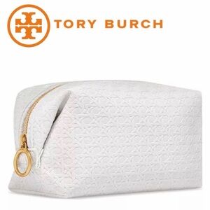 Tory Burch White Quilted Cosmetic Pouch with Gold Ring Zip